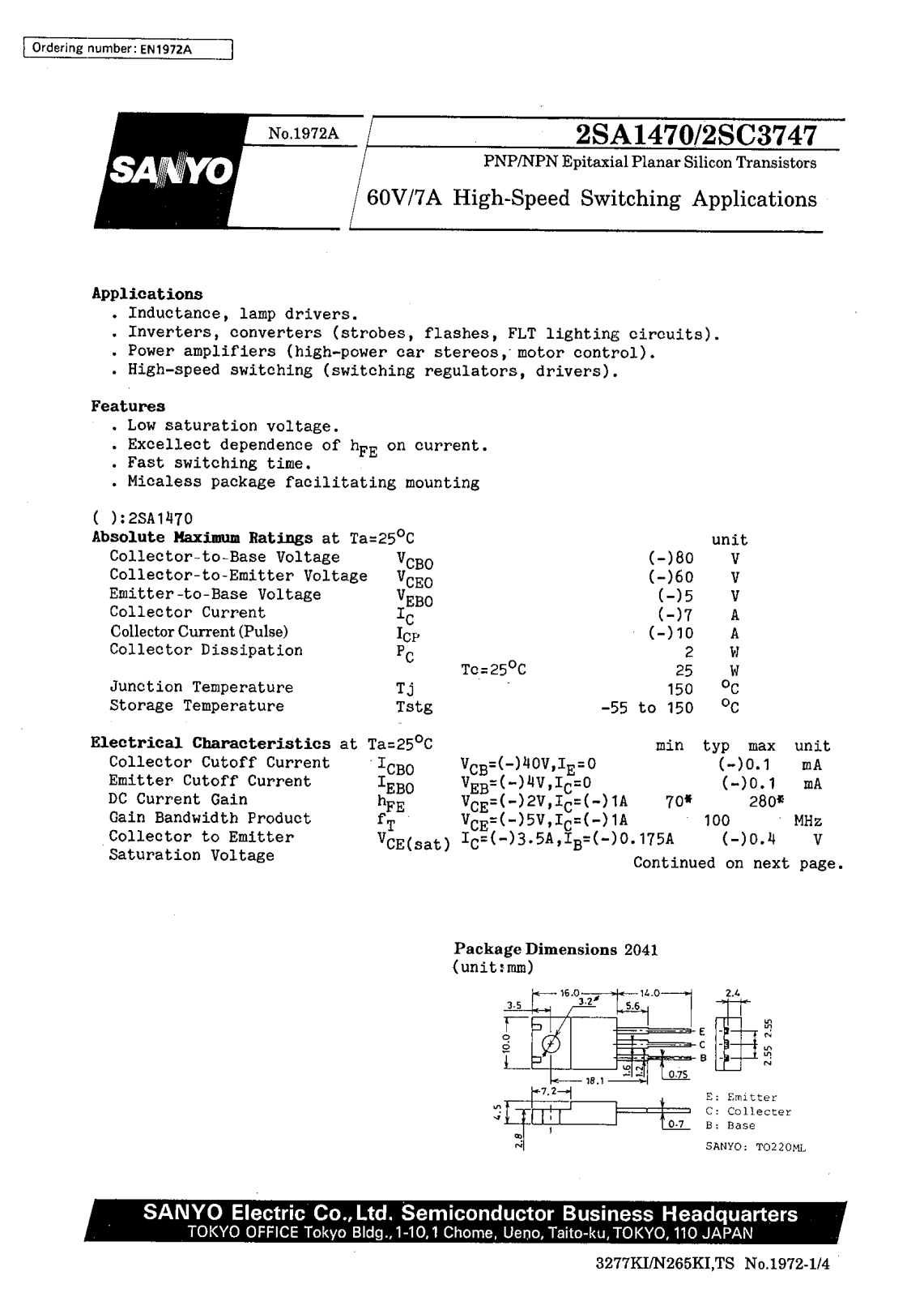 SANYO 2SC3747, 2SA1470 Datasheet