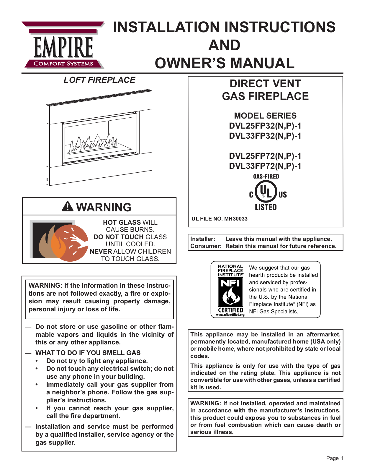 Empire Comfort Systems DVL33FP32-1, DVL25FP32P-1, DVL25FP32N-1, DVL33FP32N-1, DVL33FP32P-1 Installation Instructions And Owner's Manual