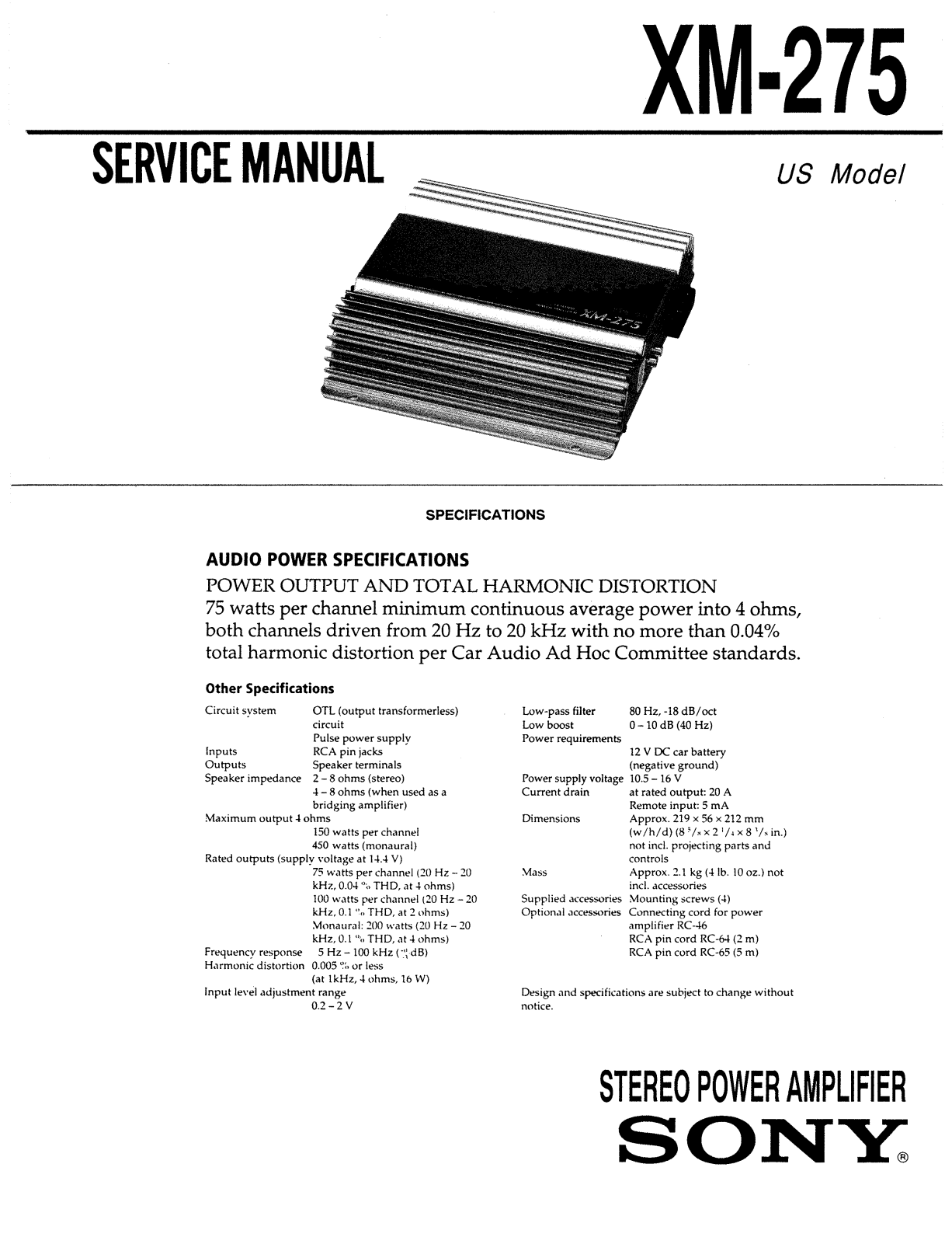 Sony XM-275 Service manual