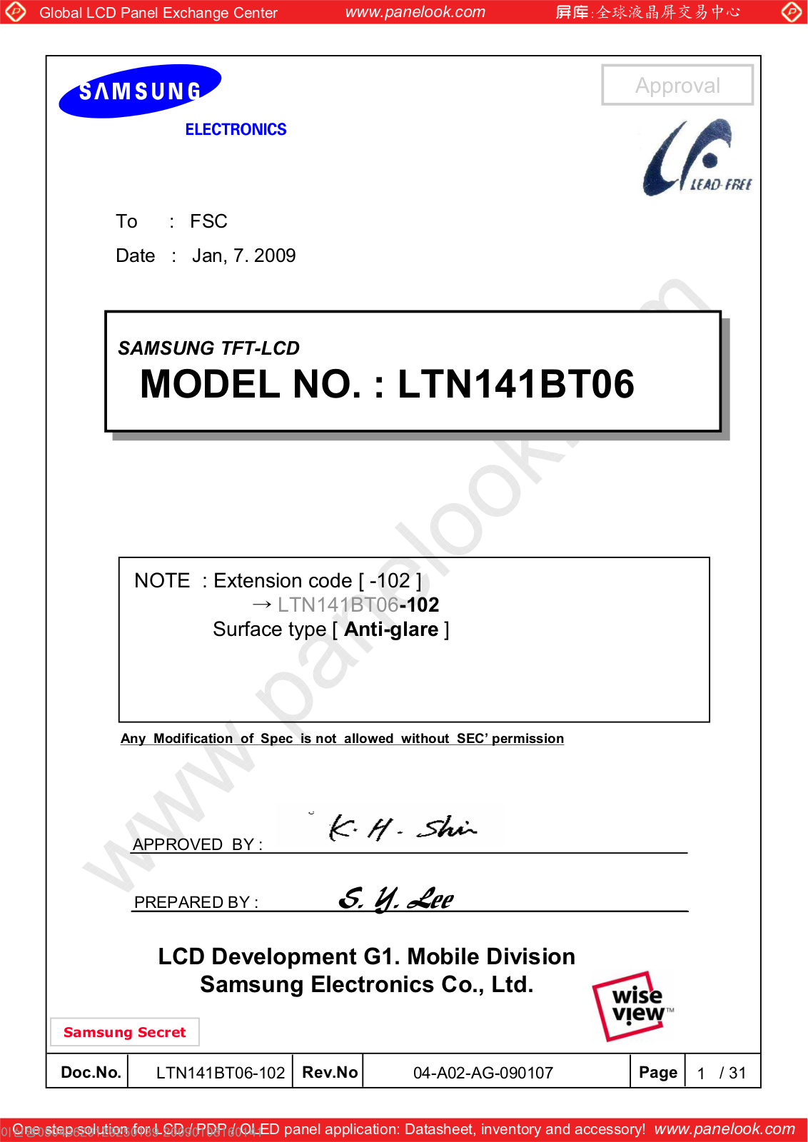 SAMSUNG LTN141BT06-102 Specification