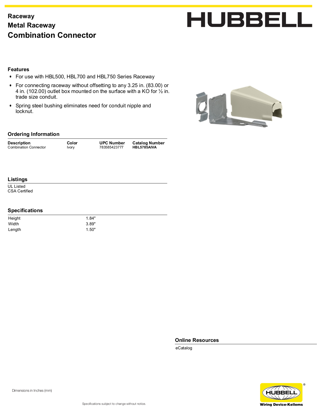 Hubbell HBL5785AIVA Specifications