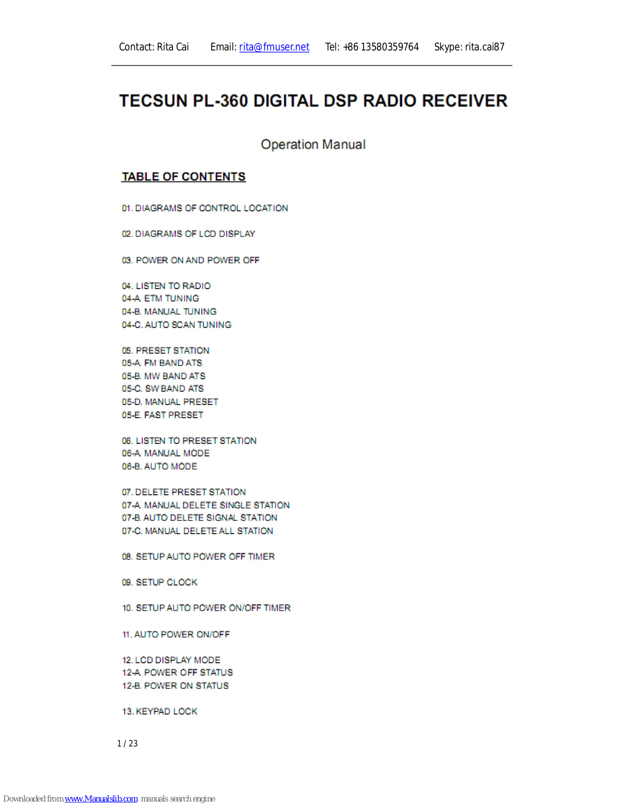 Tecsun PL-360, pl-390 Operation Manual