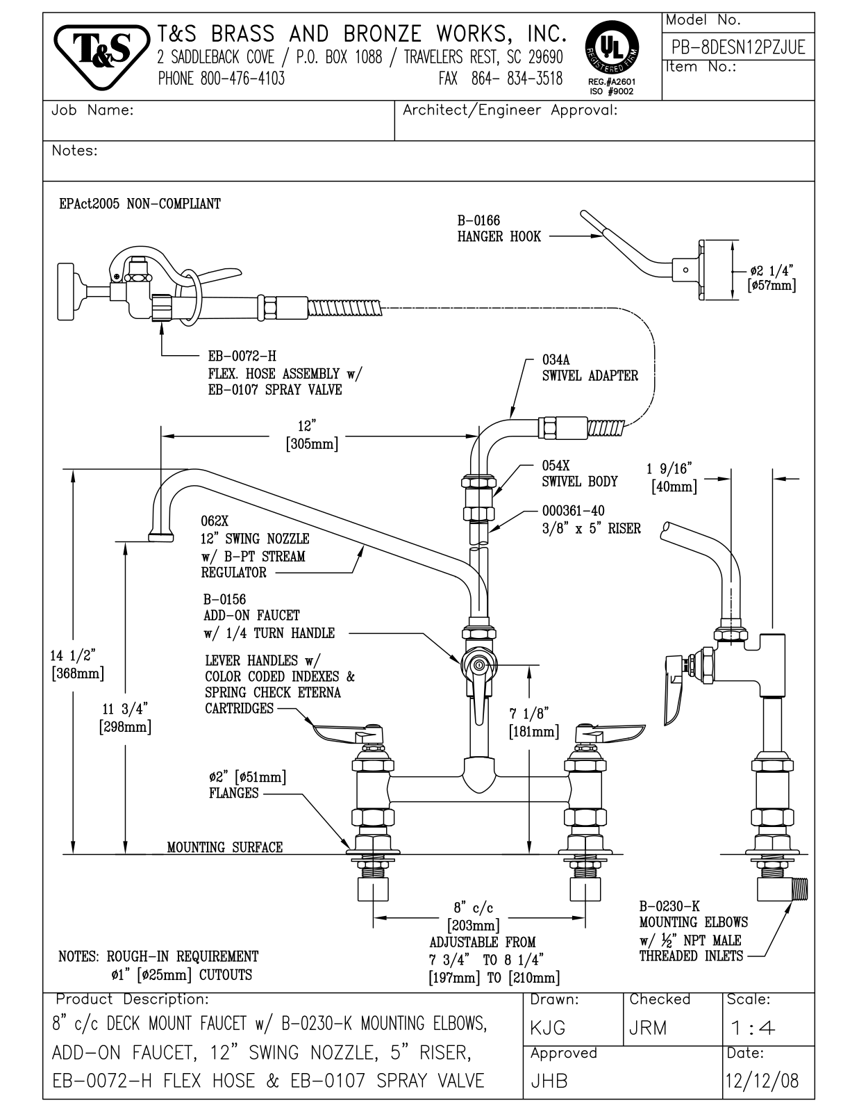 T&S Brass PB-8DESN12PZJUE User Manual