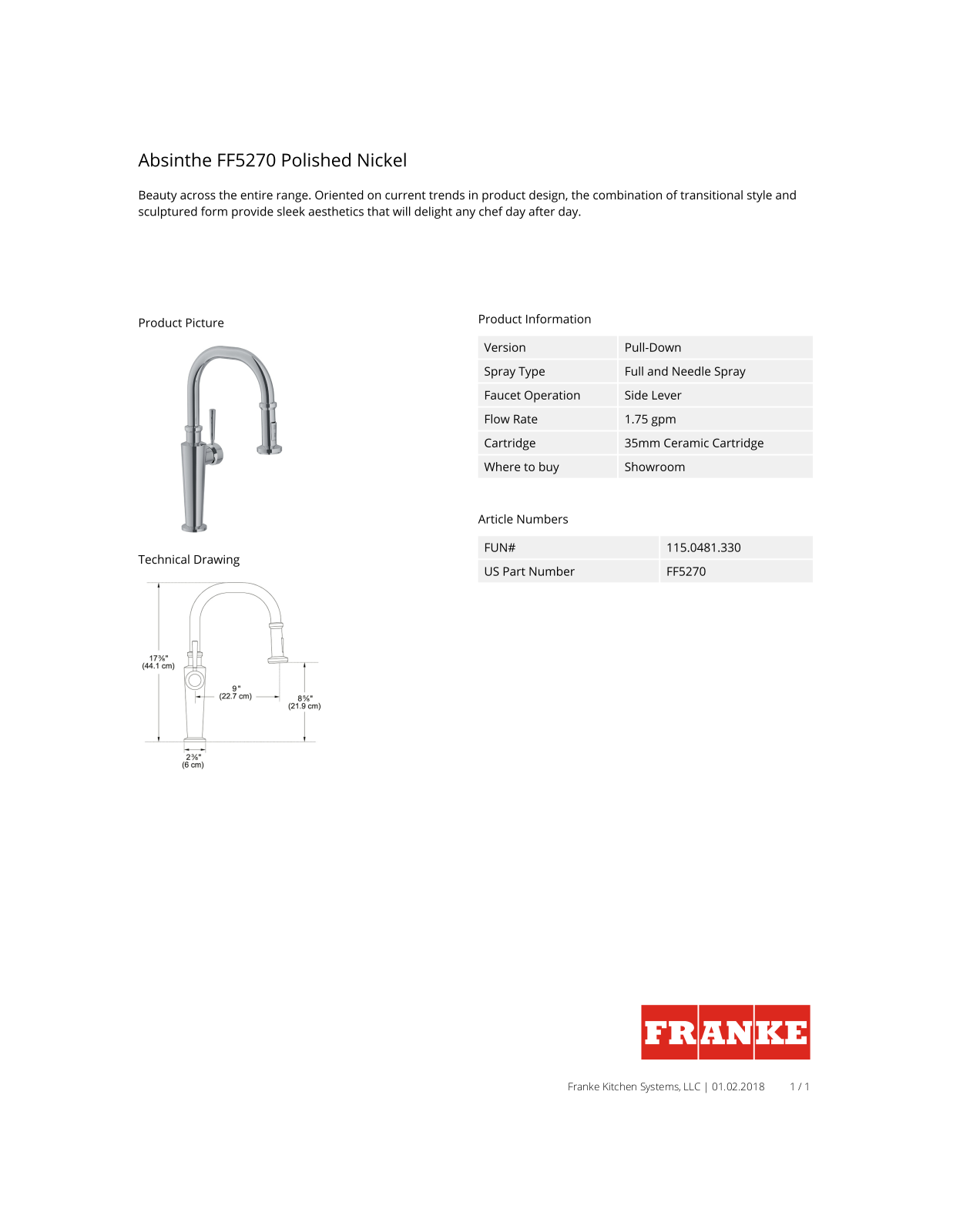 Franke FF5270 Specs