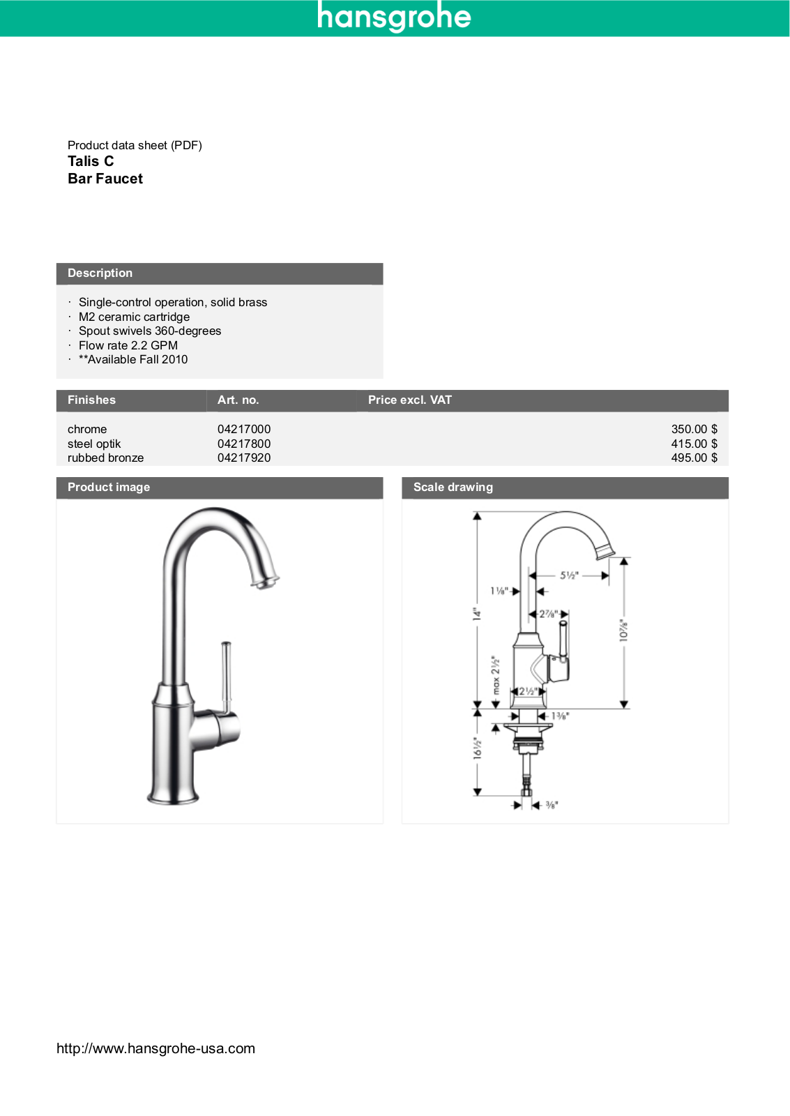 Hansgrohe 04217000 Specs