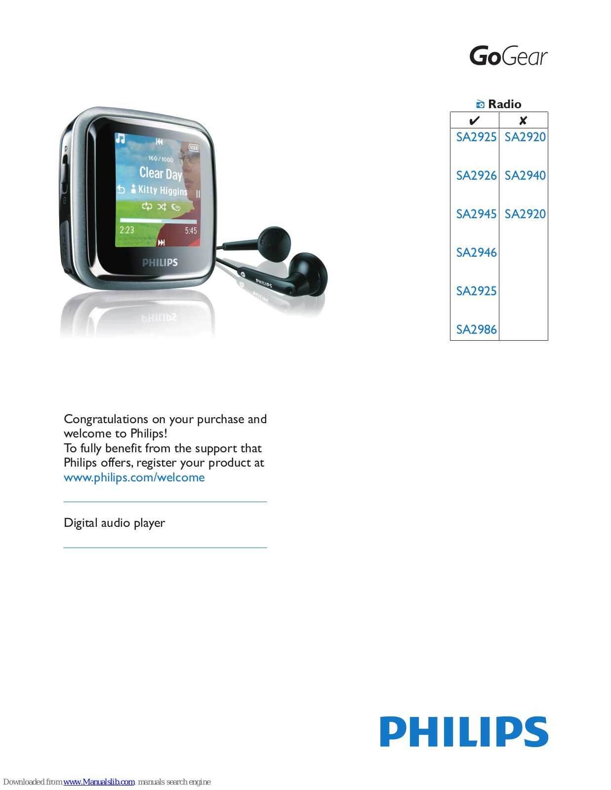 Philips SA2980/02, SA2920/02, SA2940/02, GoGear SA2925, GoGear SA2926 User Manual