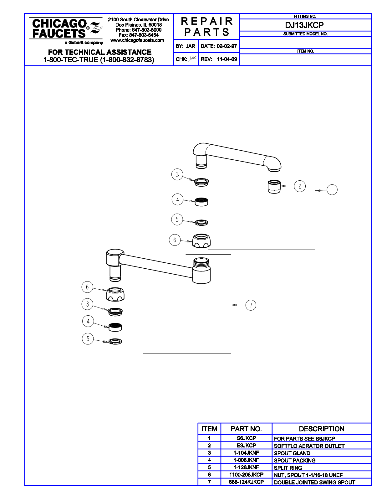 Chicago Faucet DJ13JK Parts List