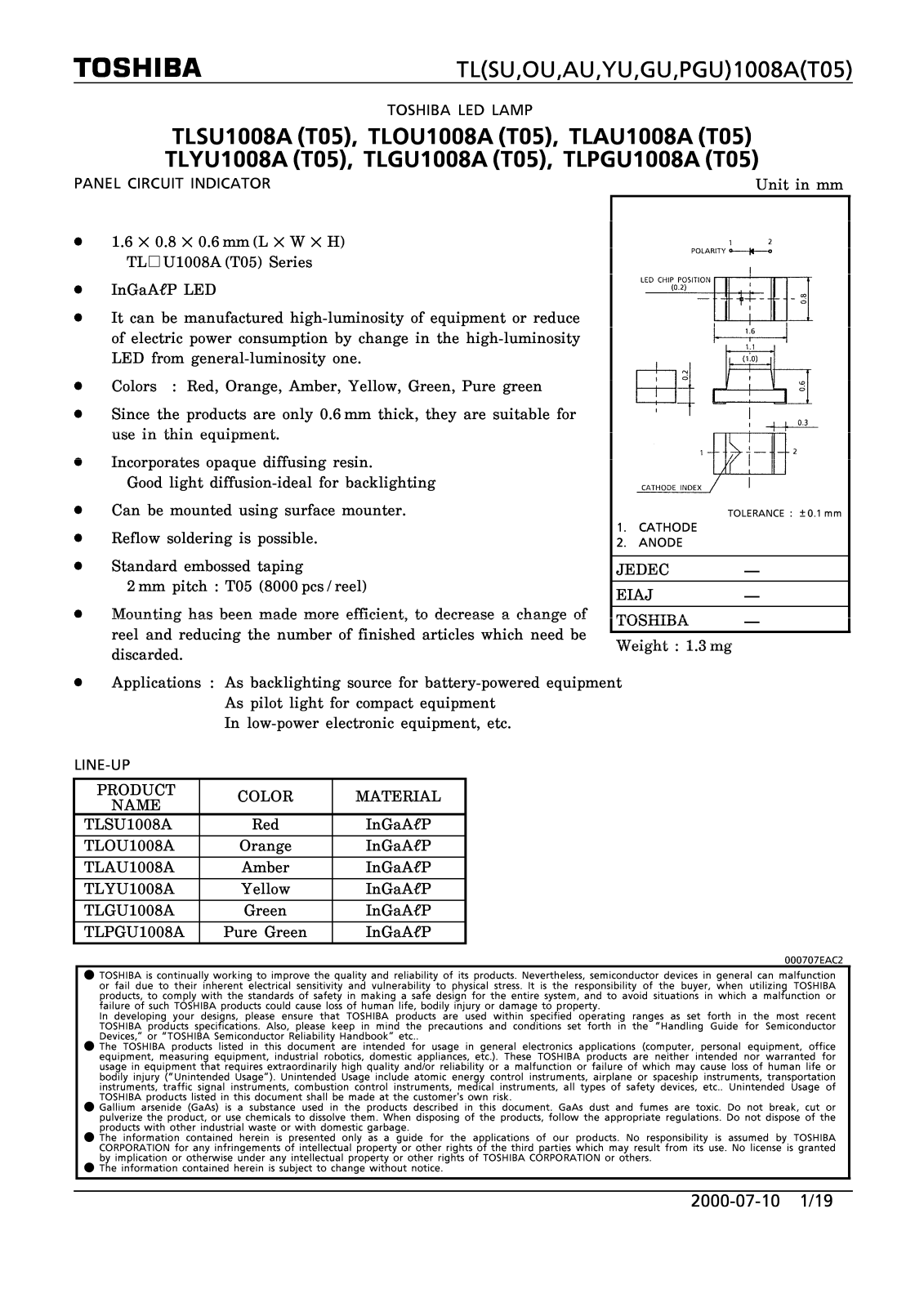 Marktech TLYU1008A, TLSU1008A, TLPGU1008A, TLOU1008A, TLGU1008A Datasheet