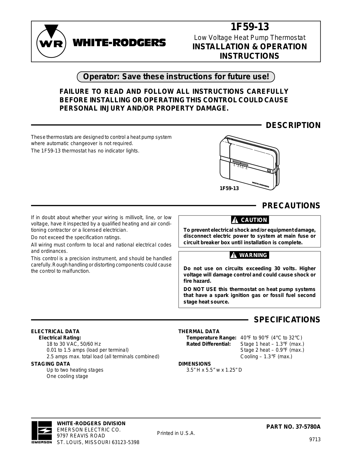 White Rodgers 1F59-13 User Manual