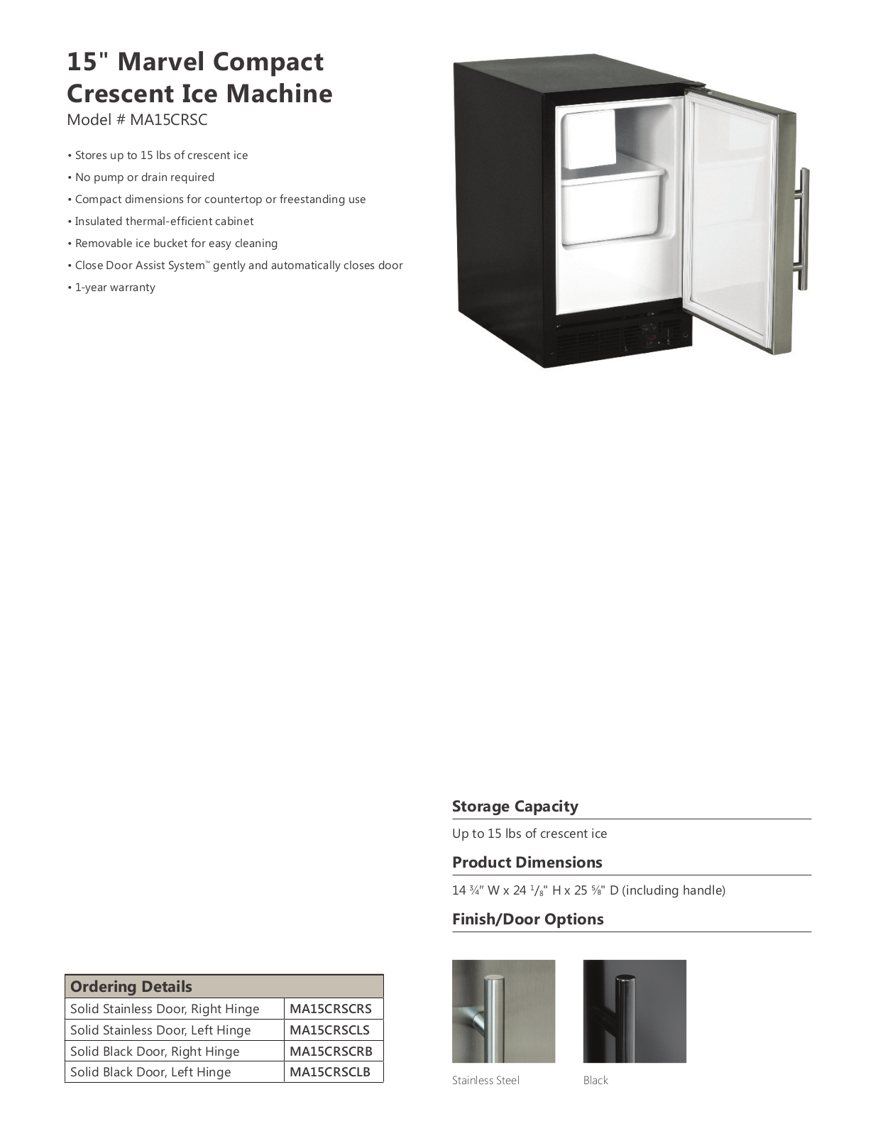 Marvel MA15CRSCRS Specifications