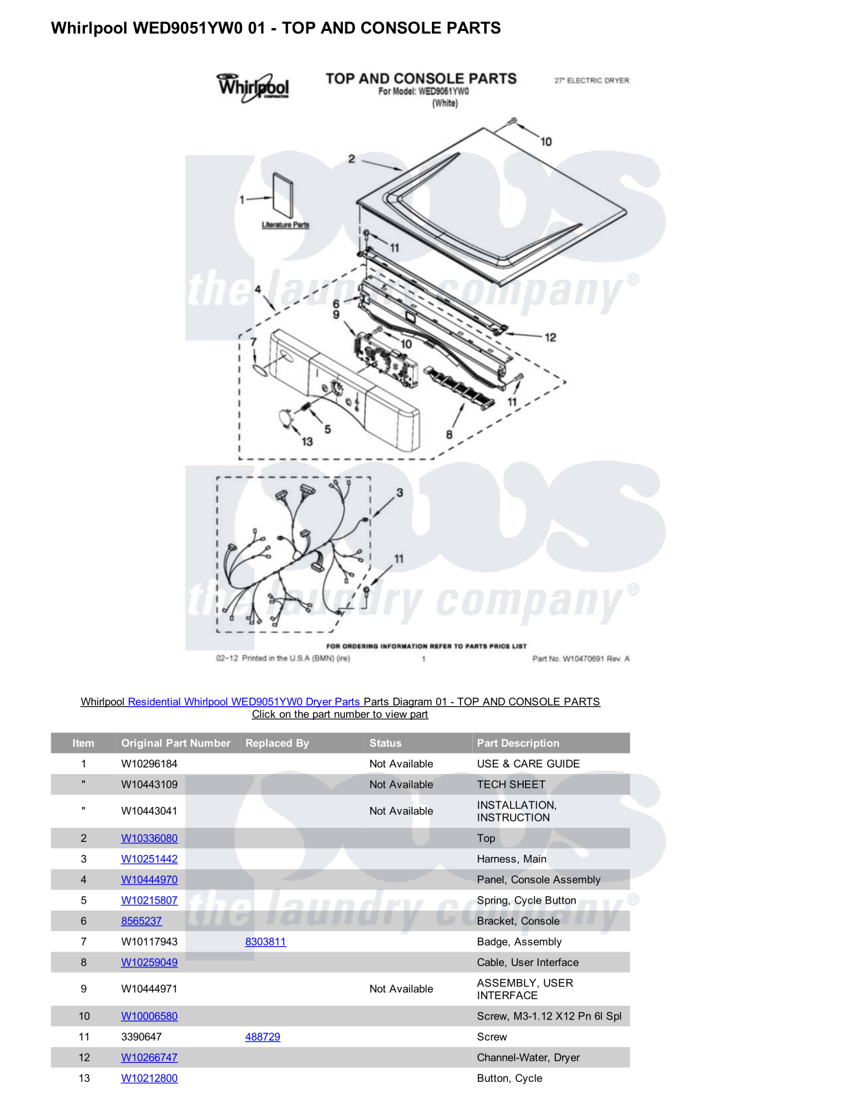 Whirlpool WED9051YW0 Parts Diagram