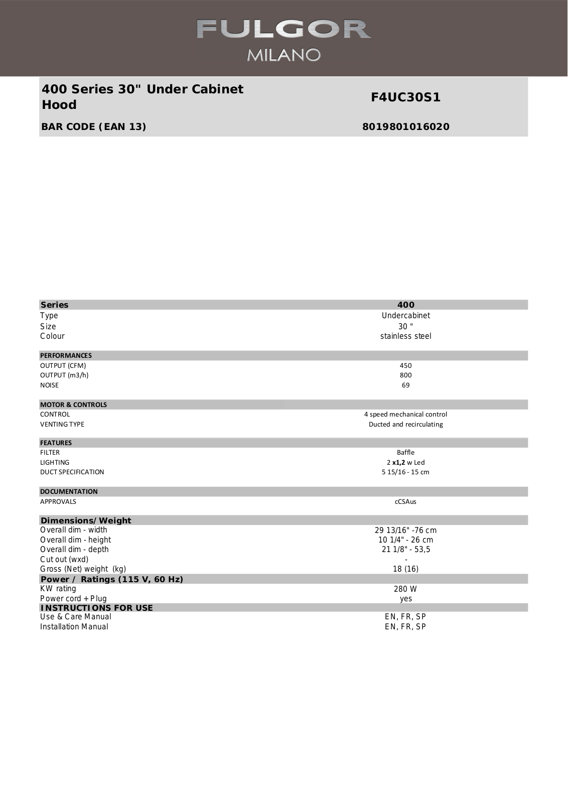 Fulgor Milano F4UC30S1 Specifications - ManualMachine.com