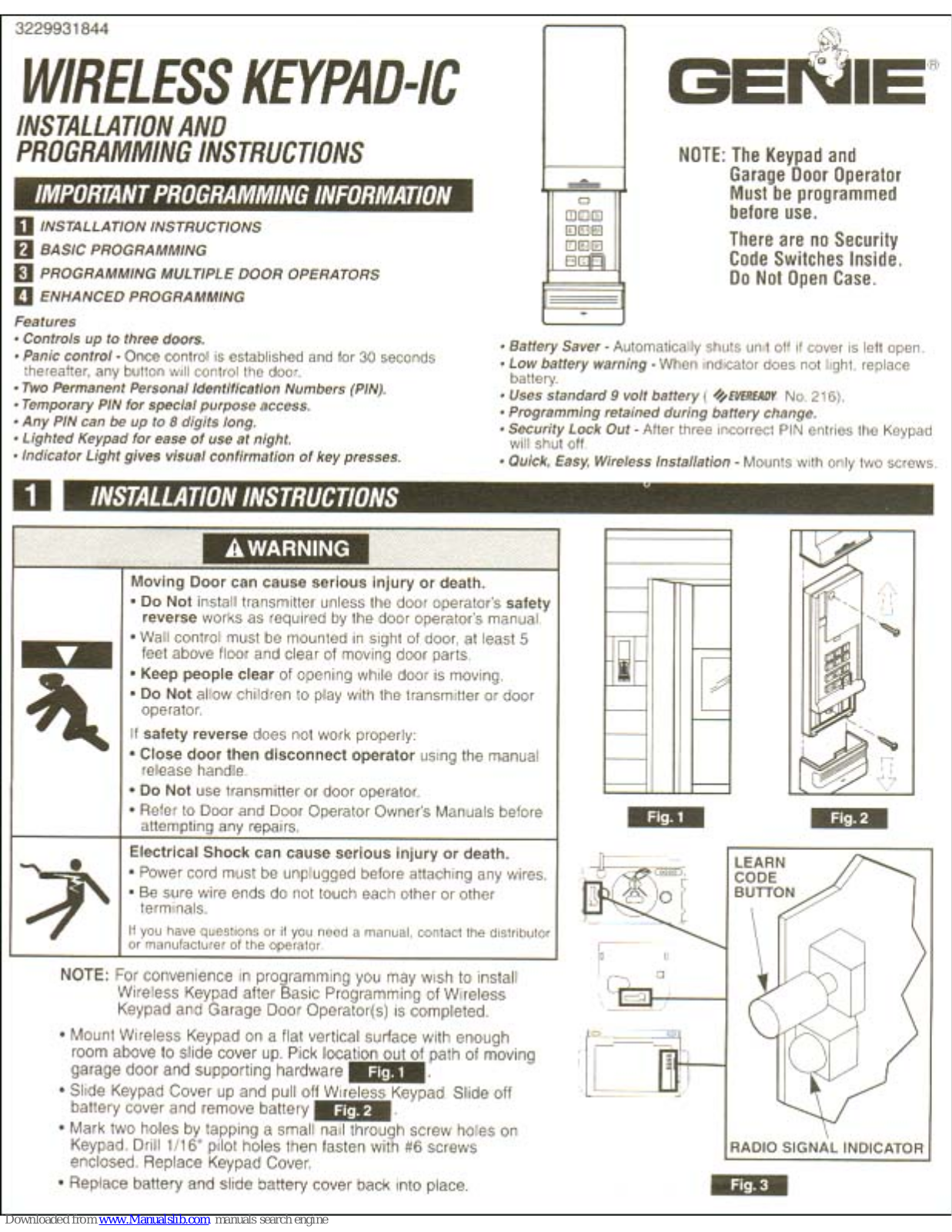 Genie Wireless Keypad-IC Installation And Programming Instructions