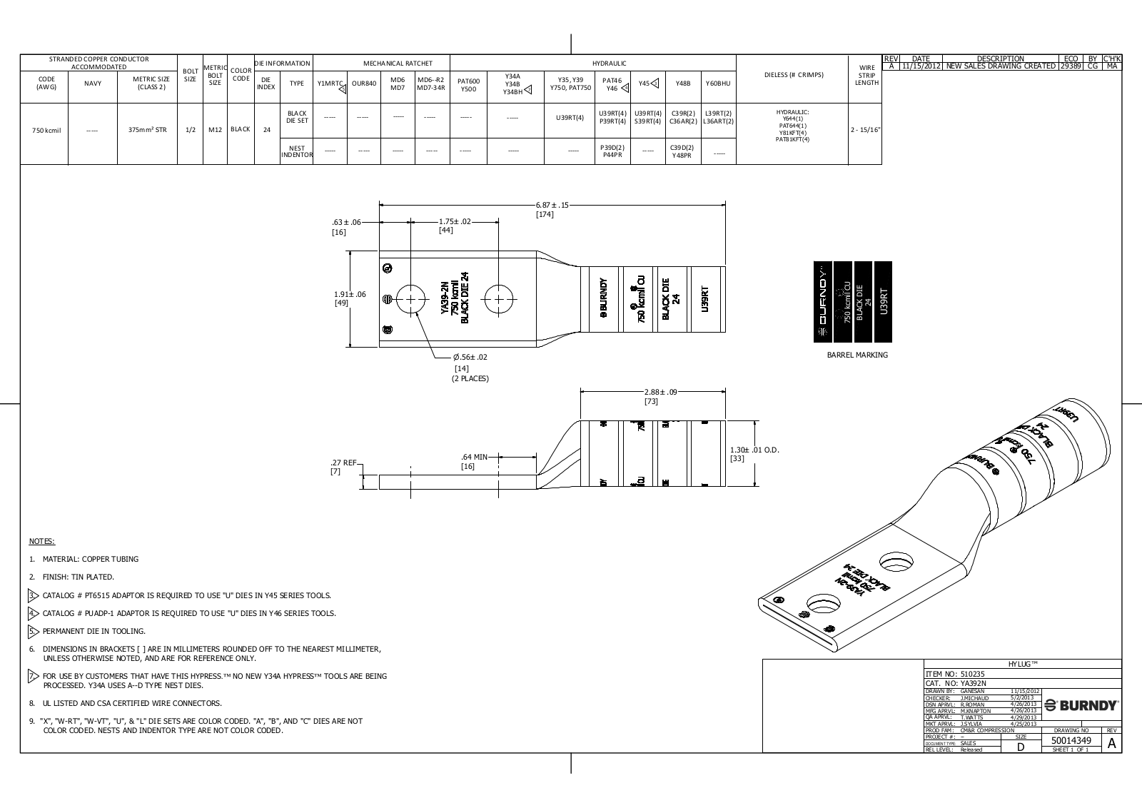 Burndy YA392N Data Sheet