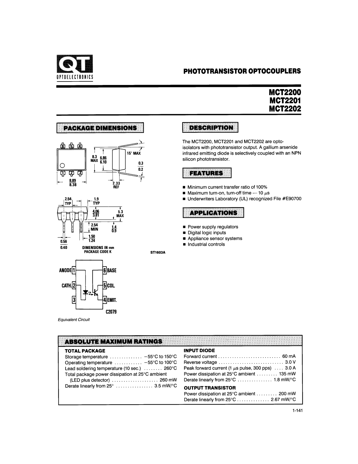 QT MCT2202, MCT2201, MCT2200 Datasheet