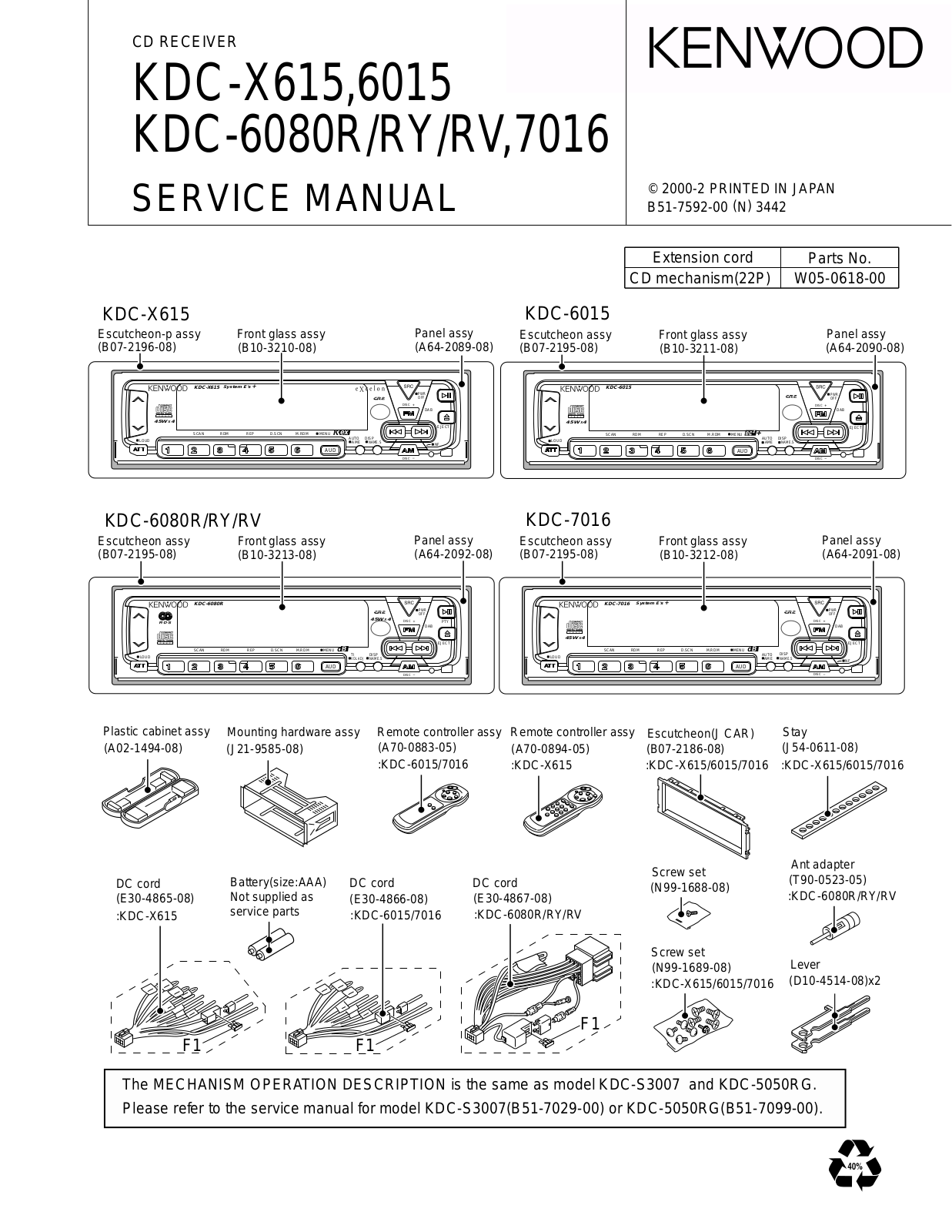 kenwood KDC-6080RY, KDC-X615, KDC-6015, KDC-6080R, KDC-7016 Service Manual