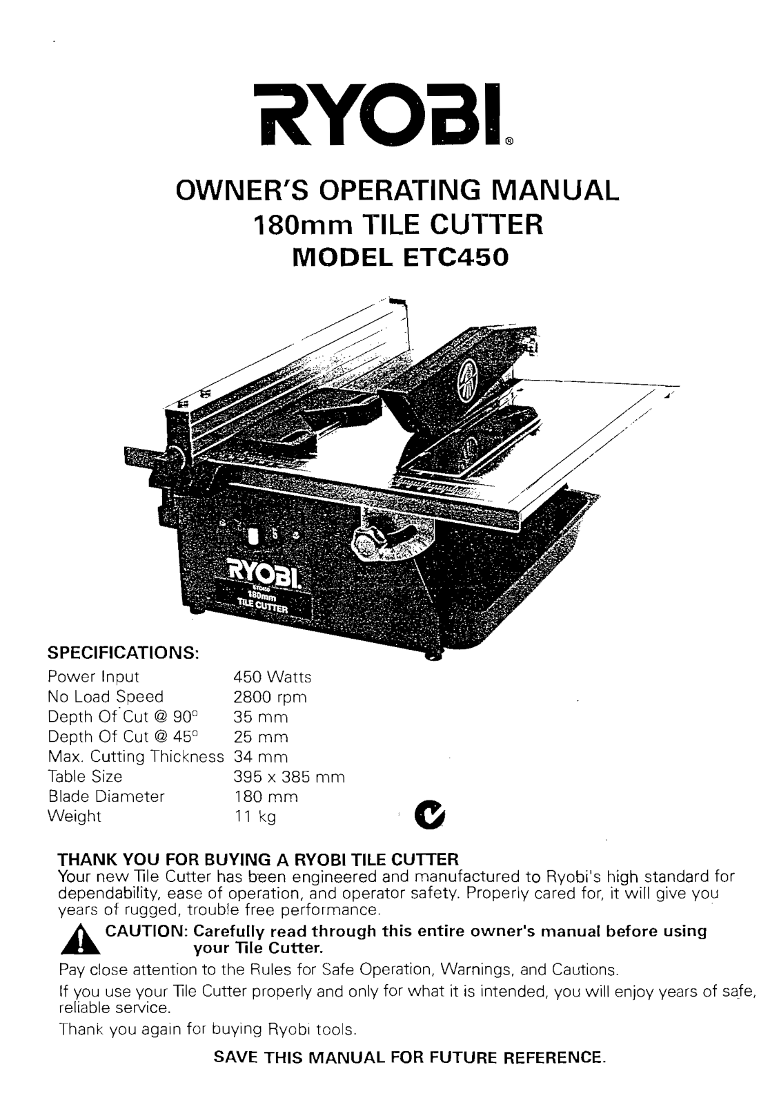 Ryobi 450W WET TILE CUTTING SAW 180MM ETC450 Manual