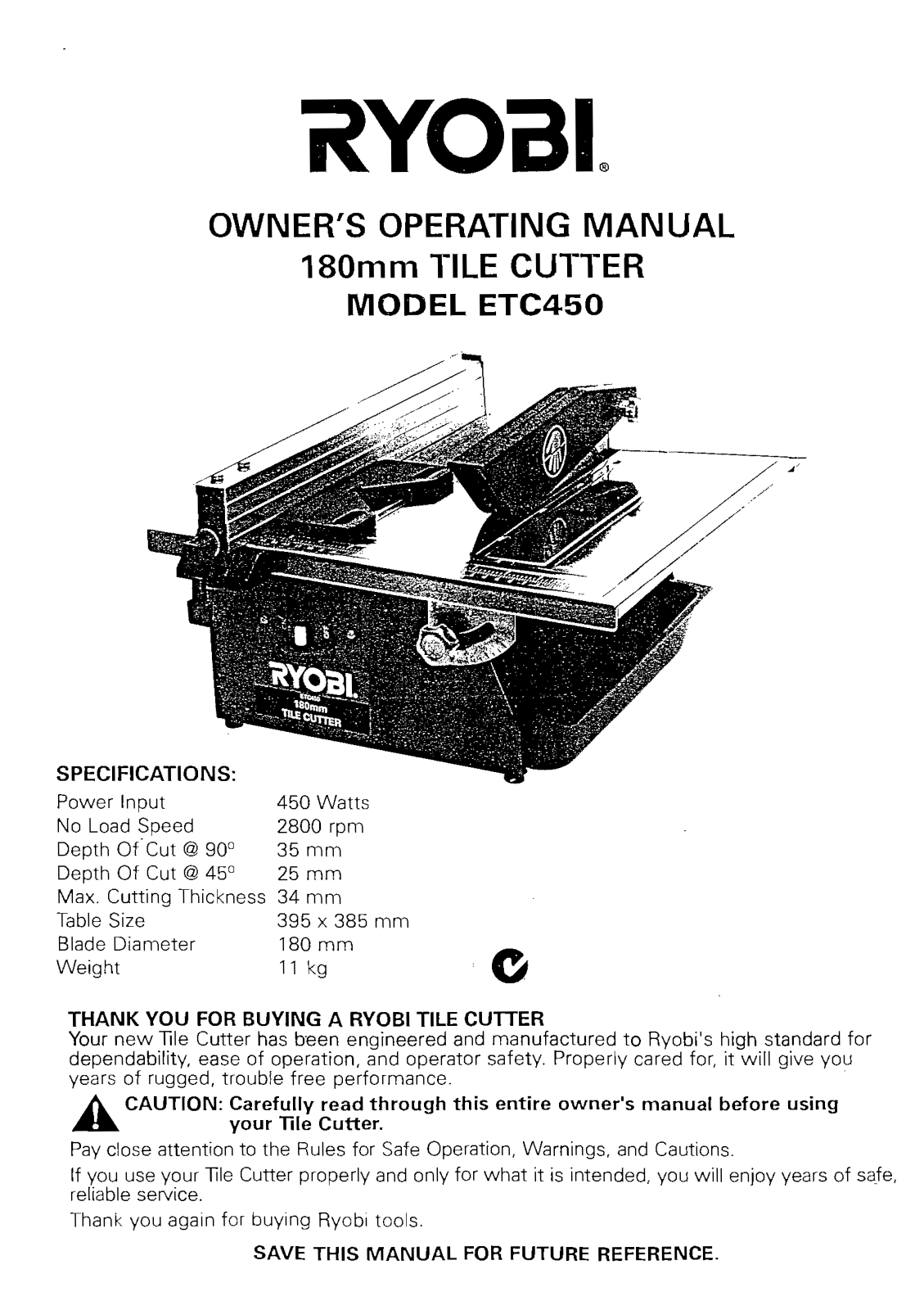 Ryobi 450W WET TILE CUTTING SAW 180MM ETC450 User Manual