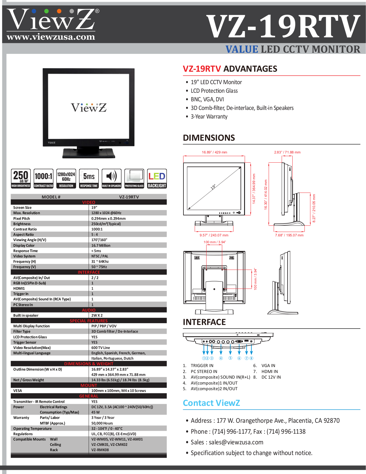 ViewZ VZ-19RTV Specsheet