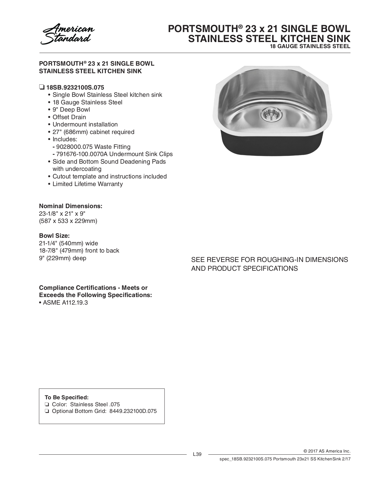 American Standard ASD10334 Specifications - ManualMachine.com