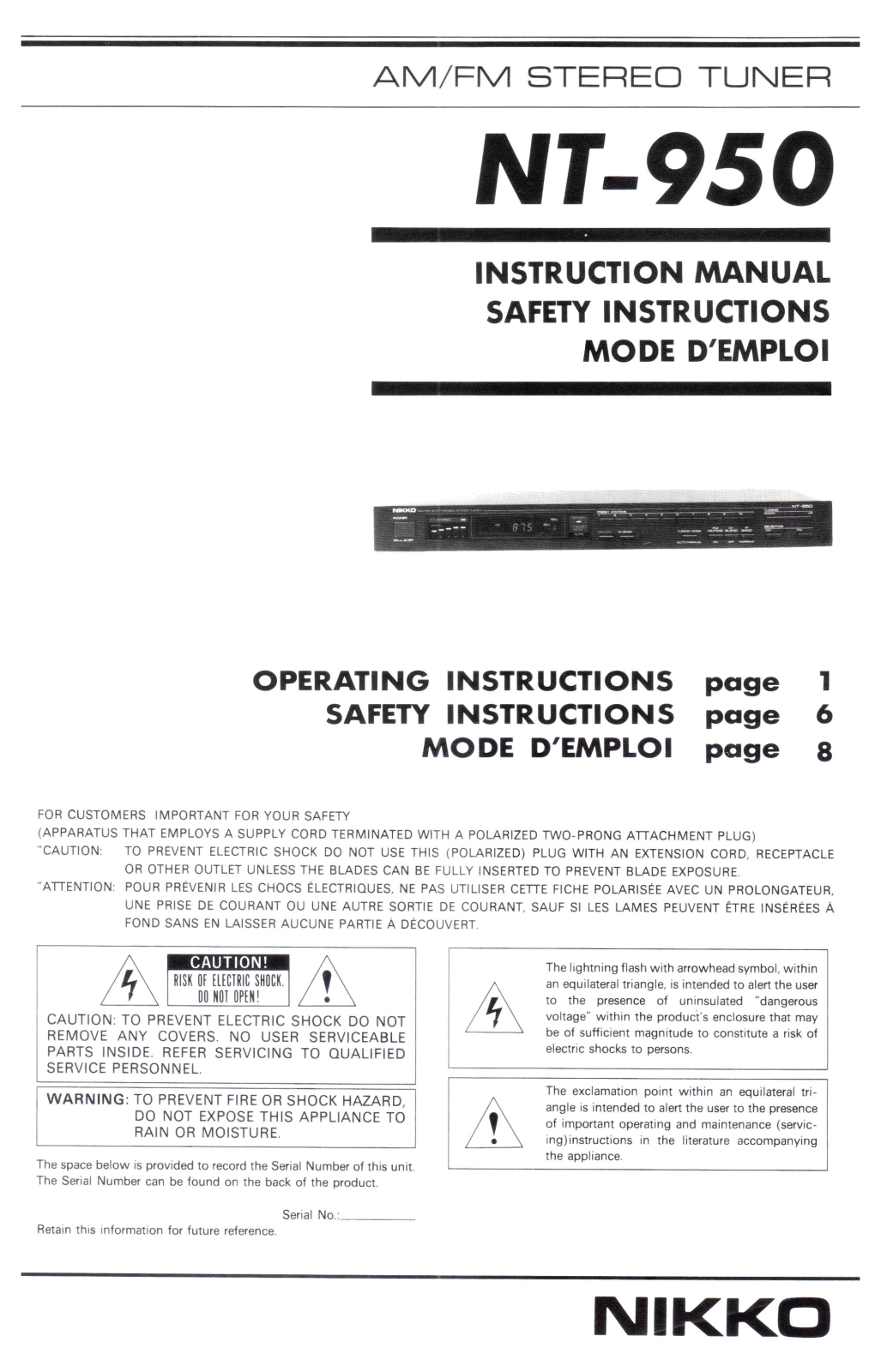 Nikko NT-950 Owners Manual