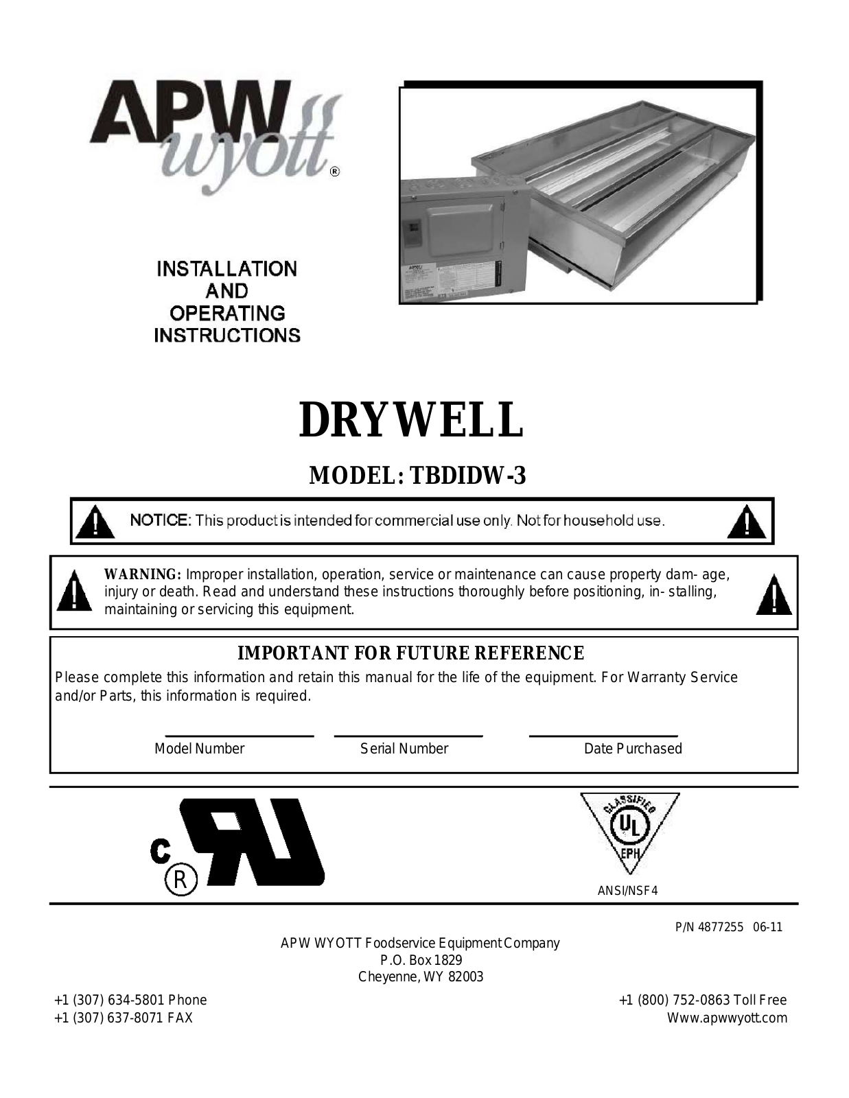 Wyott TBDIDW-3 Installation Manual