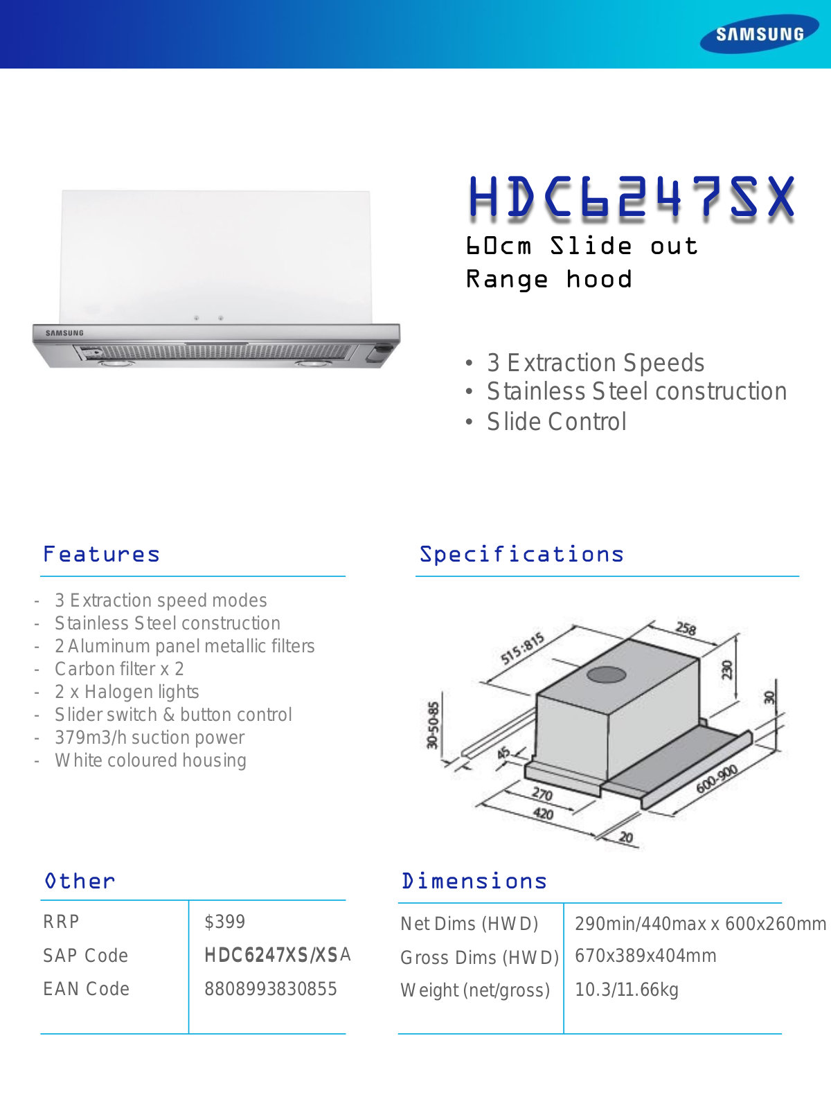 Samsung HDC6247SX Specifications Sheet