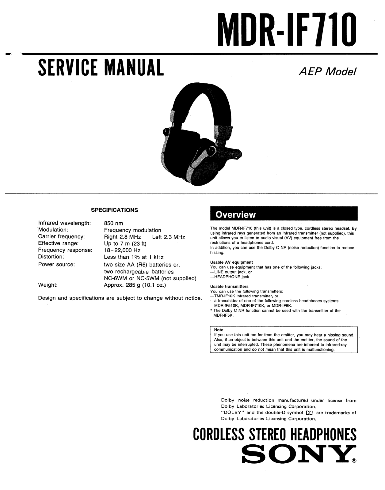 Sony MDRIF-710 Service manual