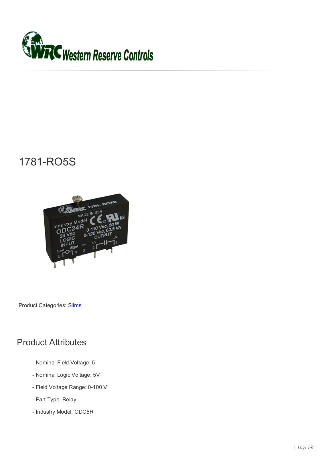 Western Reserve Controls 1781-RO5S Data Sheet