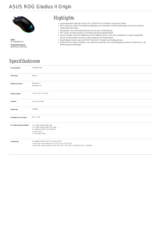 Asus ROG Gladius II Technical data