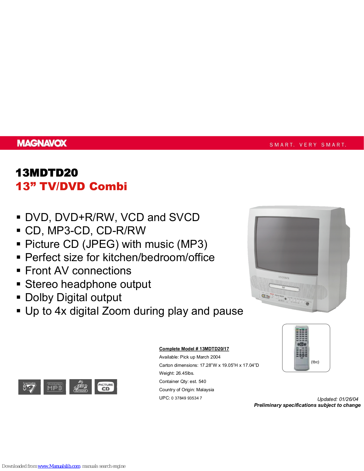 Magnavox 13MDTD20, 13MDTD20/17 Specifications