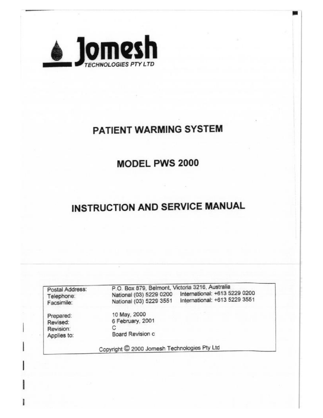 Jomesh PWS 2000 Service manual