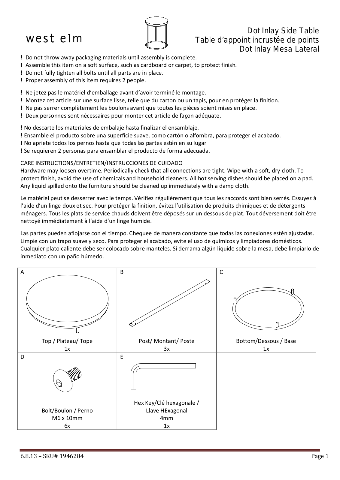 West Elm Dot Inlay Side Table Assembly Instruction