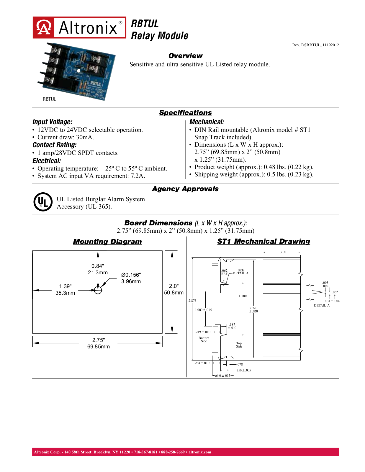 Altronix RBTUL Data Sheet