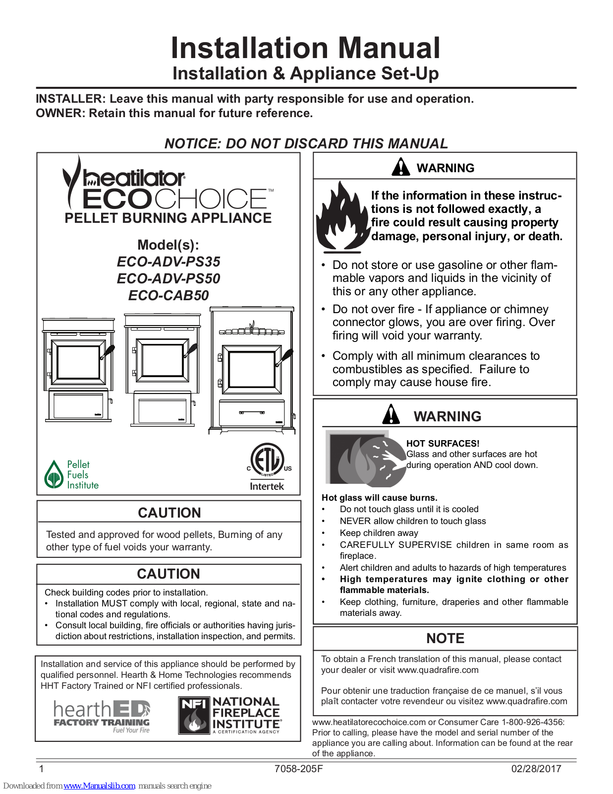 Hearth & Home ECO-ADV-PS35, ECO-ADV-PS50, ECO-CAB50 Installation Manual