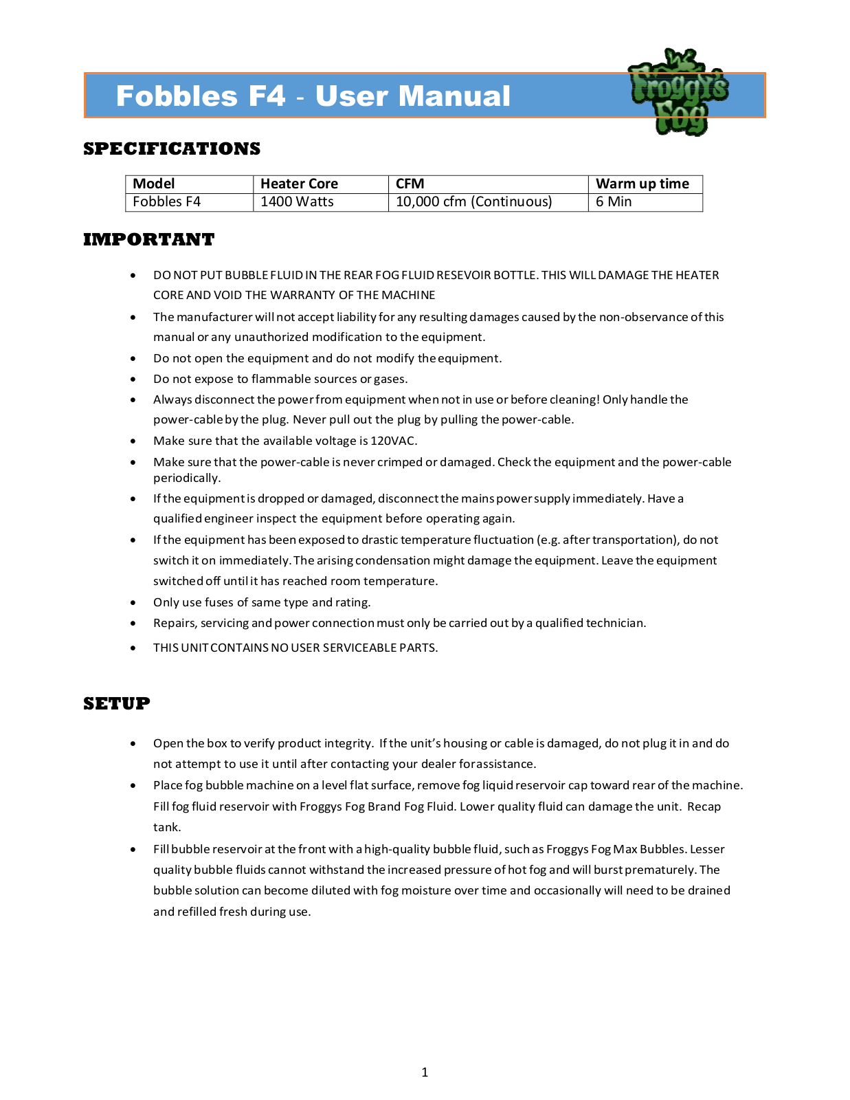 Froggy's Fog Fobbles F4 User Manual