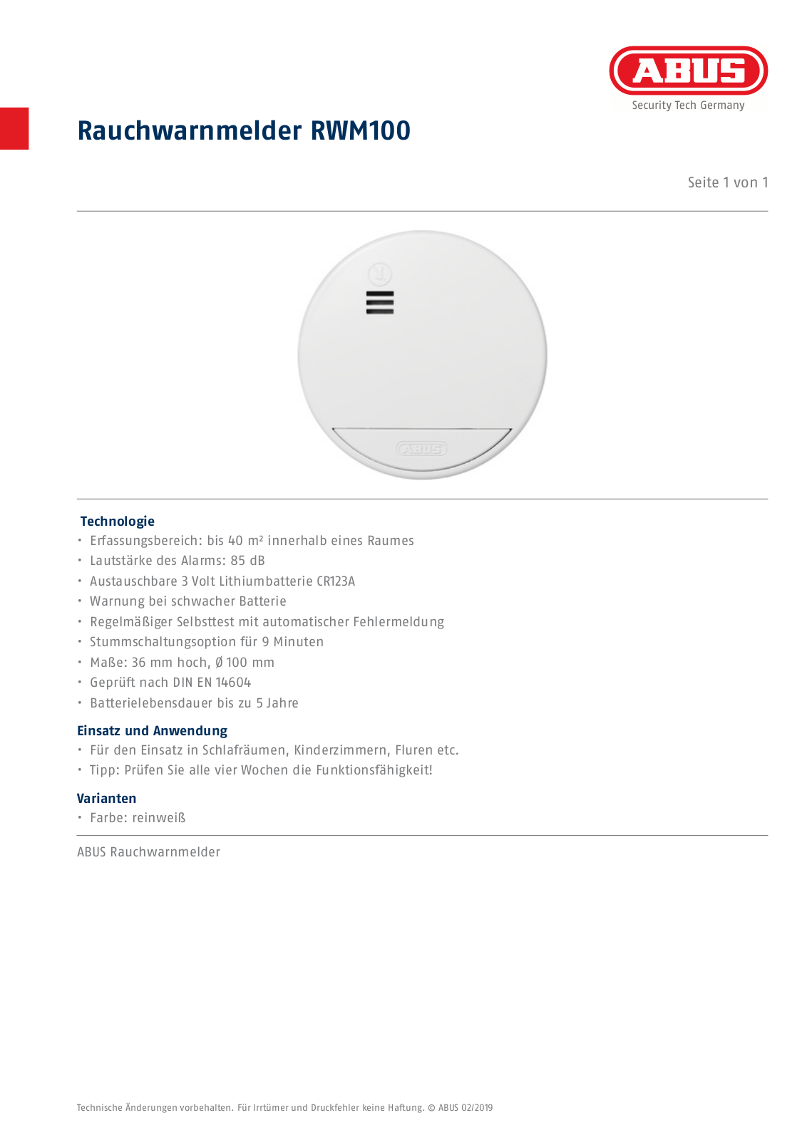 ABUS Rauchwarnmelder RWM100 Service Manual