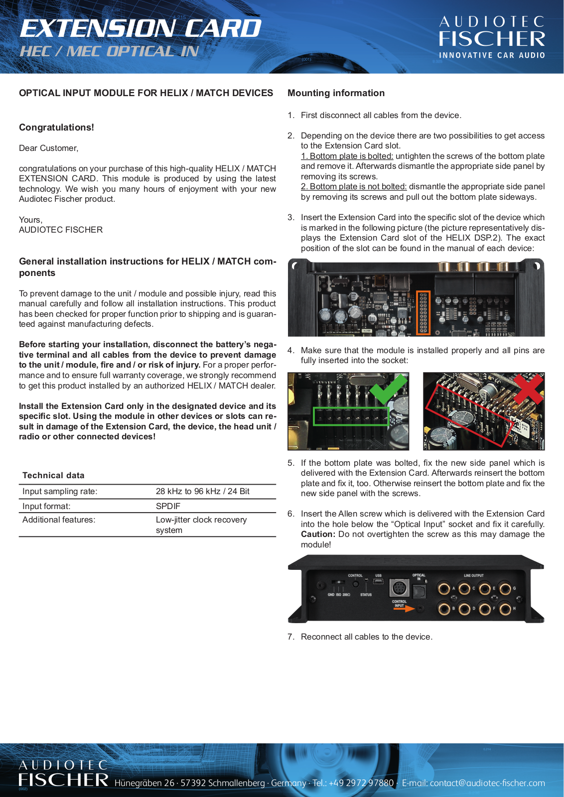 Helix MEC OPTICAL IN operation manual