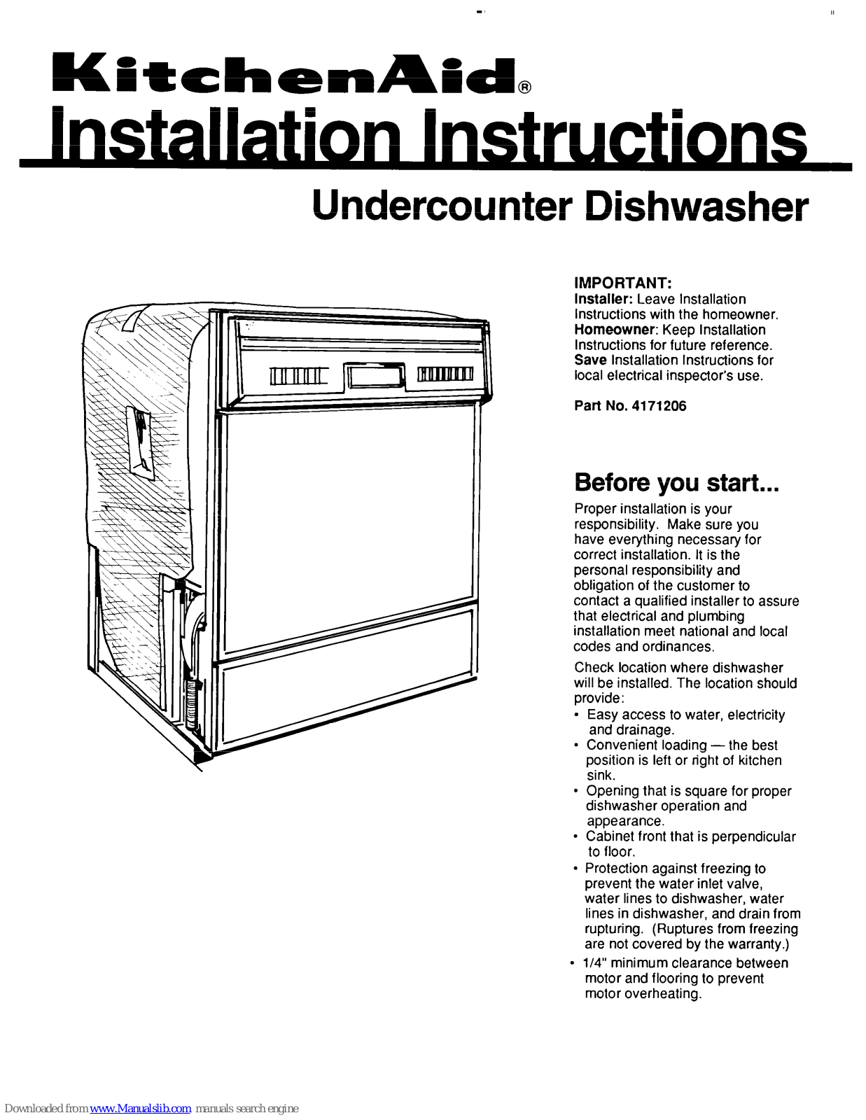 KitchenAid Undercounter Dishwasher 4171206 Installation Instructions Manual - ManualMachine.com