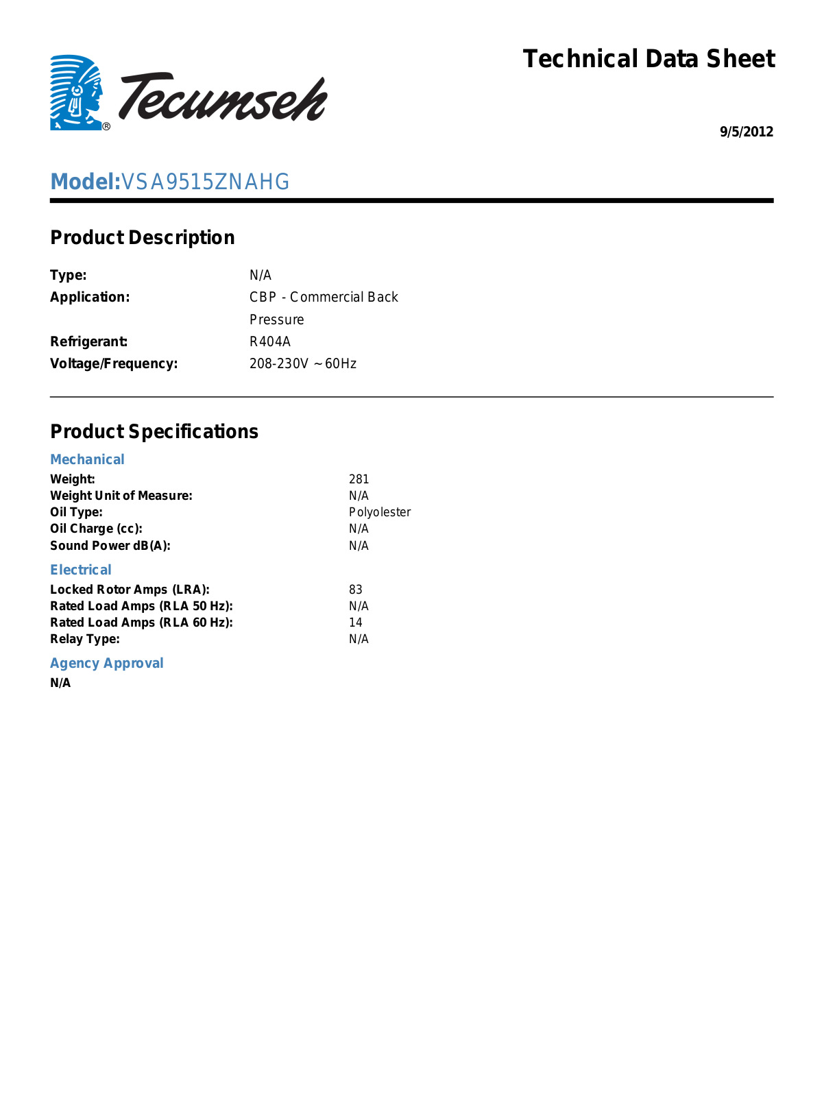 Tecumseh VSA9515ZNAHG User Manual