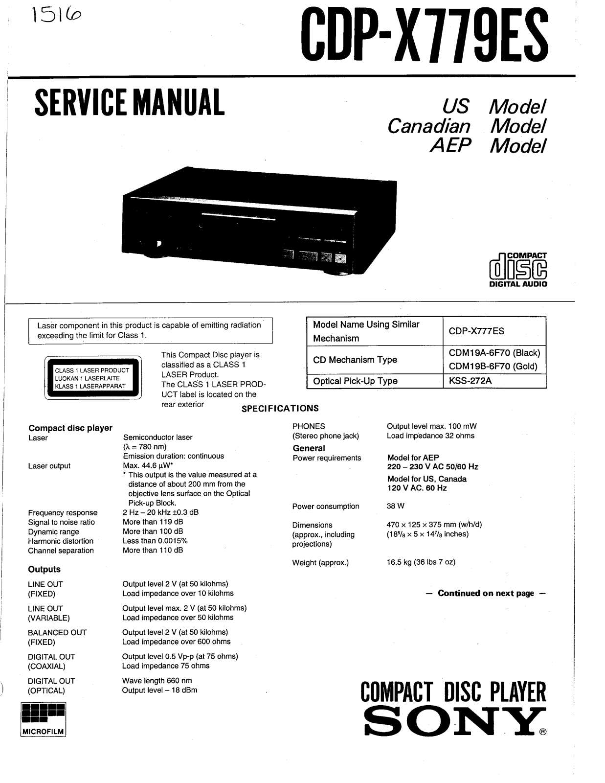 Sony CDP-X779-ES Service Manual