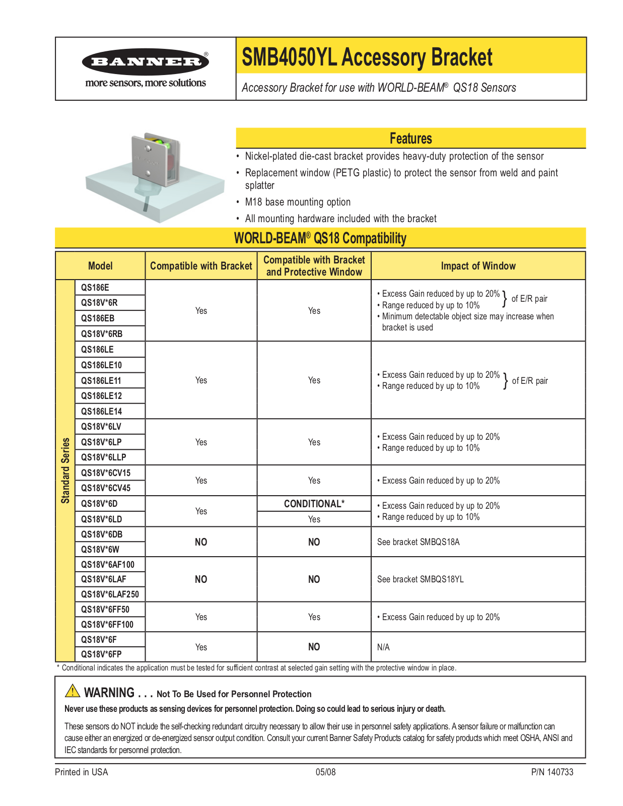 Banner SMB4050YL Accessory Bracket User Manual