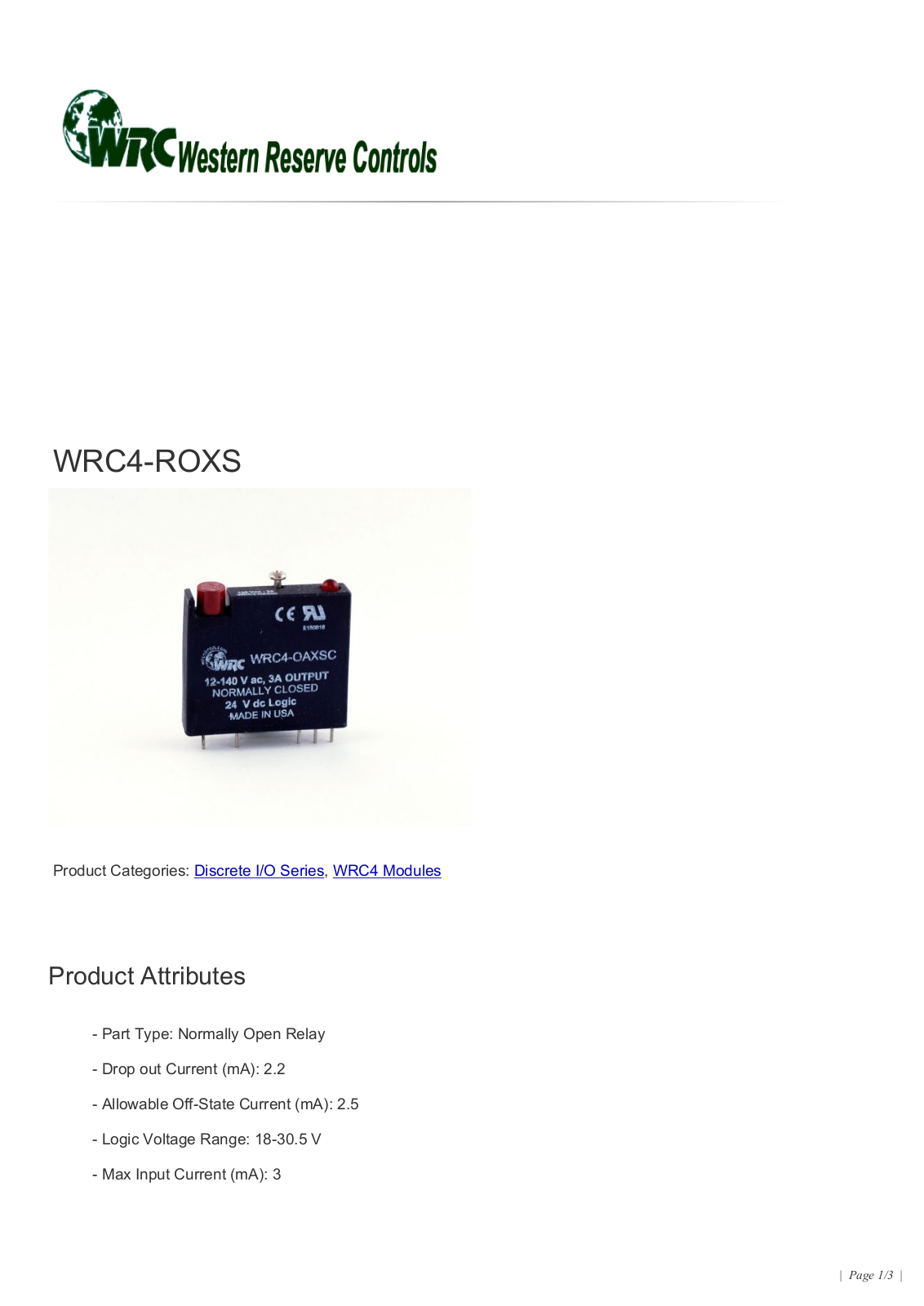 Western Reserve Controls WRC4-ROXS Data Sheet