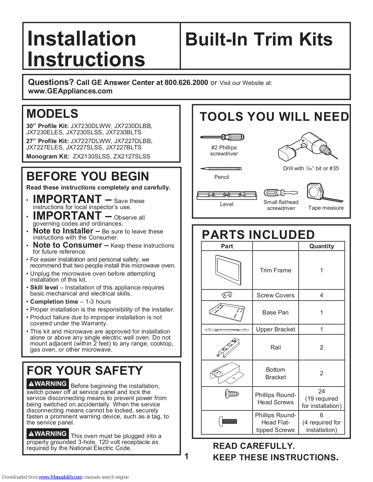 GE JX7227DLWW, JX7230DLBB, JX7230BLTS, JX7227DLBB, JX7227ELES Installation Instructions Manual