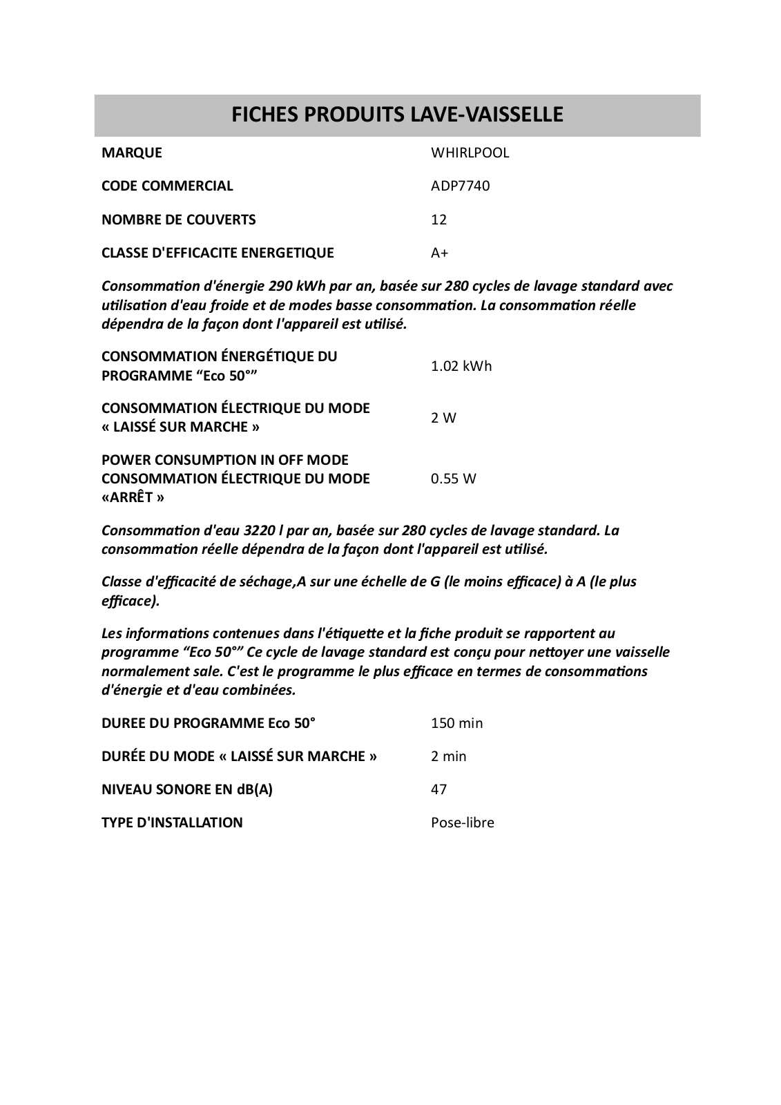 WHIRLPOOL ADP7740 User Manual