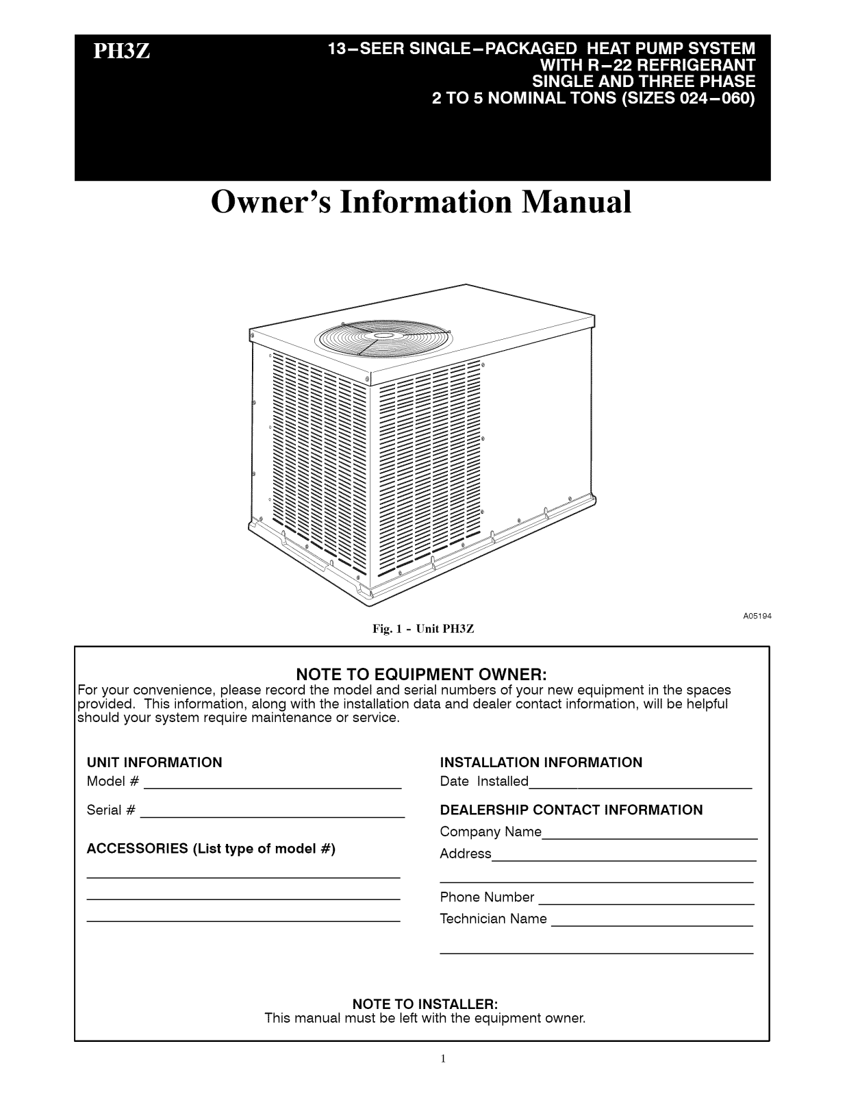 Payne PH3ZNA048000AA, PH3ZNA042000AA, PH3ZNA036000AA, PH3ZNA030000AA, PH3ZNA024000AA Owner’s Manual