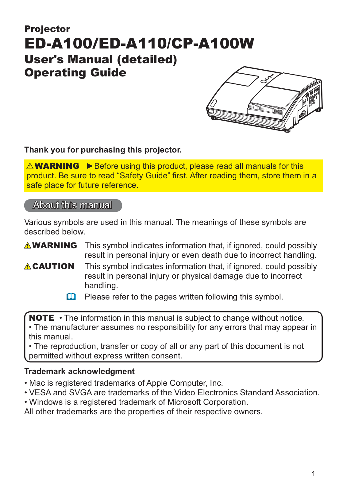 Hitachi ED-A110 Operating Guide