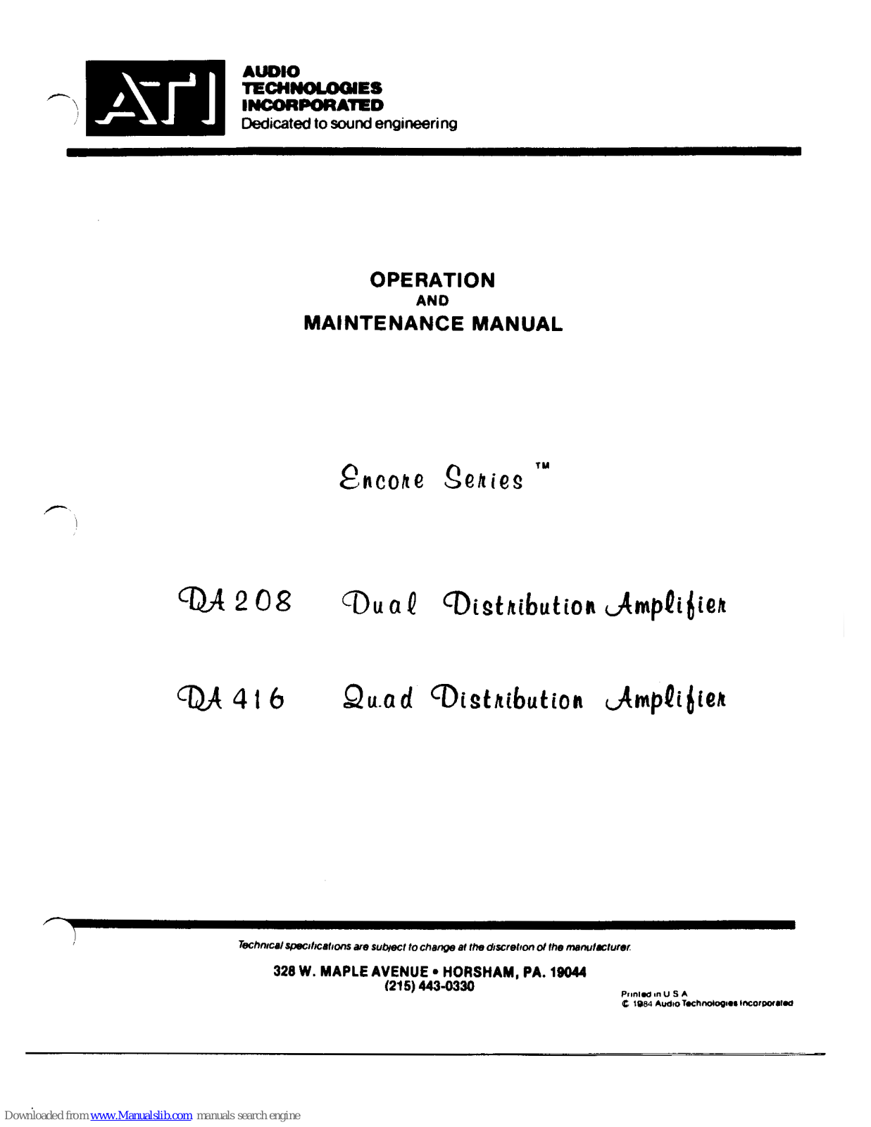 ATI Technologies DA 208, DA 416 Operation And Maintenance Manual