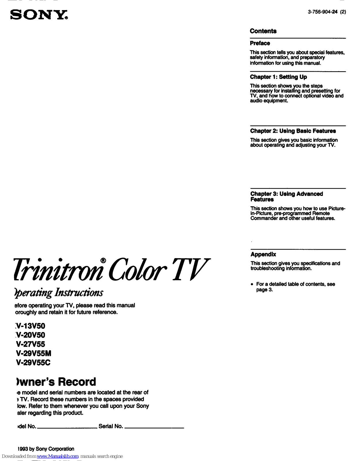 Sony Trinitron KV-27V55, Trinitron KV-13V50, Trinitron KV-20V50, Trinitron KV-29V55M, Trinitron KV-29V55C Operating Instructions Manual