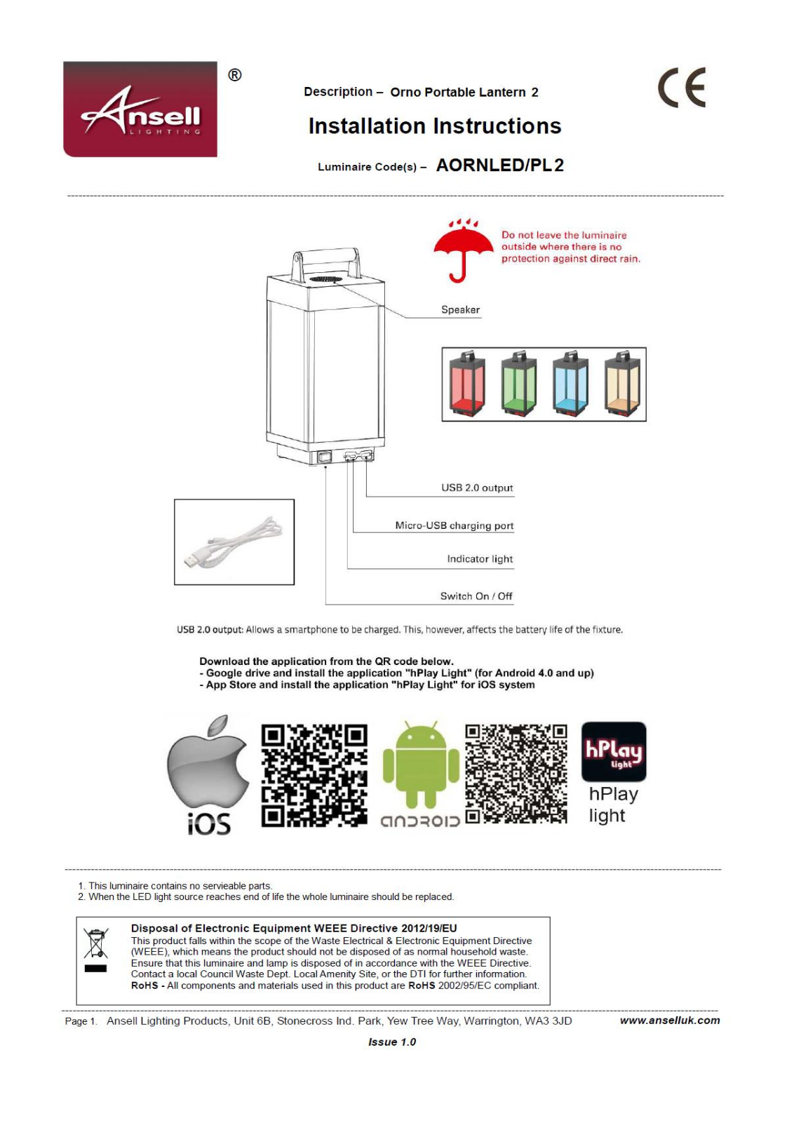 Ansell Lighting AORNLED/PL2 Installation Instructions